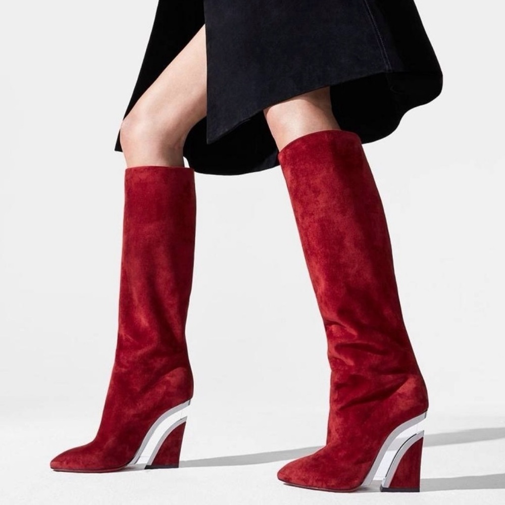 Christian Louboutin Veau Velours Levitibotta 100 Wedge Boots Opera Gun Metal Red